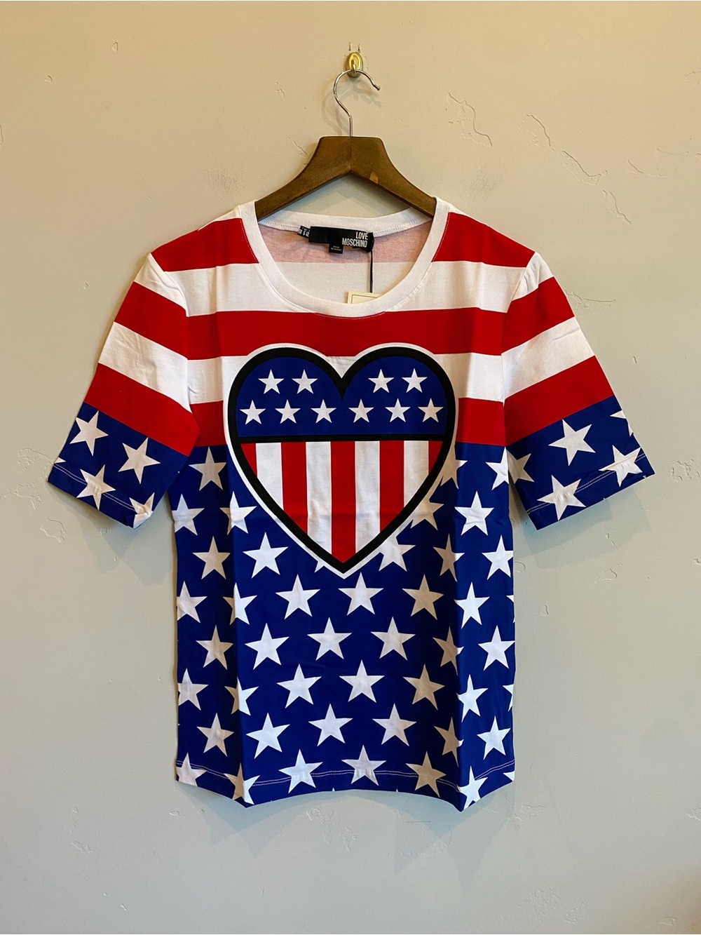 LOVE MOSCHINO Red White & Blue Graphic Heart USA America Tee Shirt